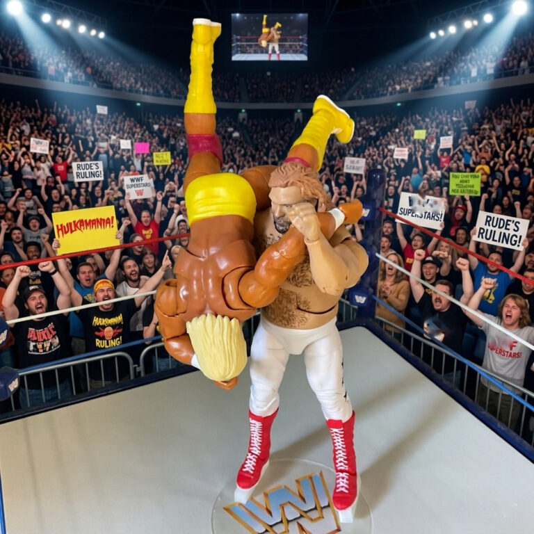 Big John Studd action figure bodyslamming Hulk Hogan, epic WWF rivalry scene from Fantasy Action Figures.