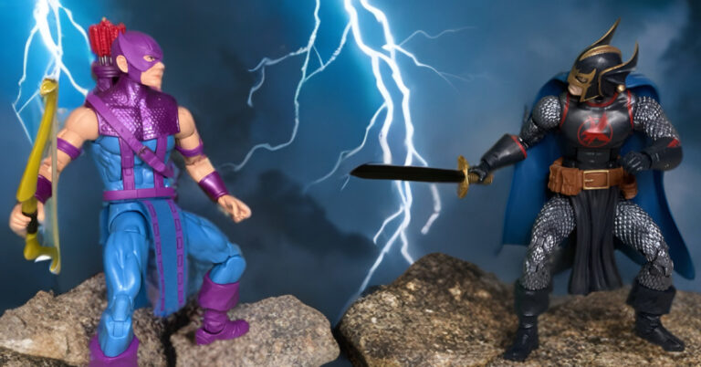 Hawkeye vs Black Knight action figures in an epic Marvel battle - Fantasy Action Figures