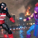 Hawkeye action figure in warsuit aiming bow at U.S. Agent action figure holding Vibranium shield on cliff edge, dramatic comic fight recreation by Fantasy Action Figures
