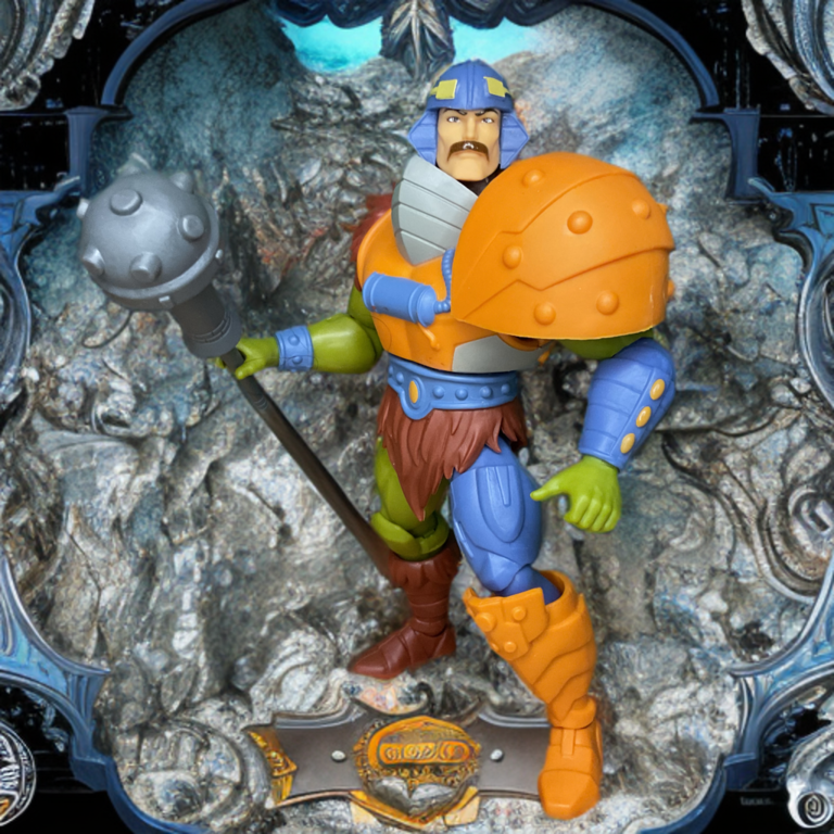 Side view of Masters of the Universe Origins Man-At-Arms 200X holding his oversized mace.