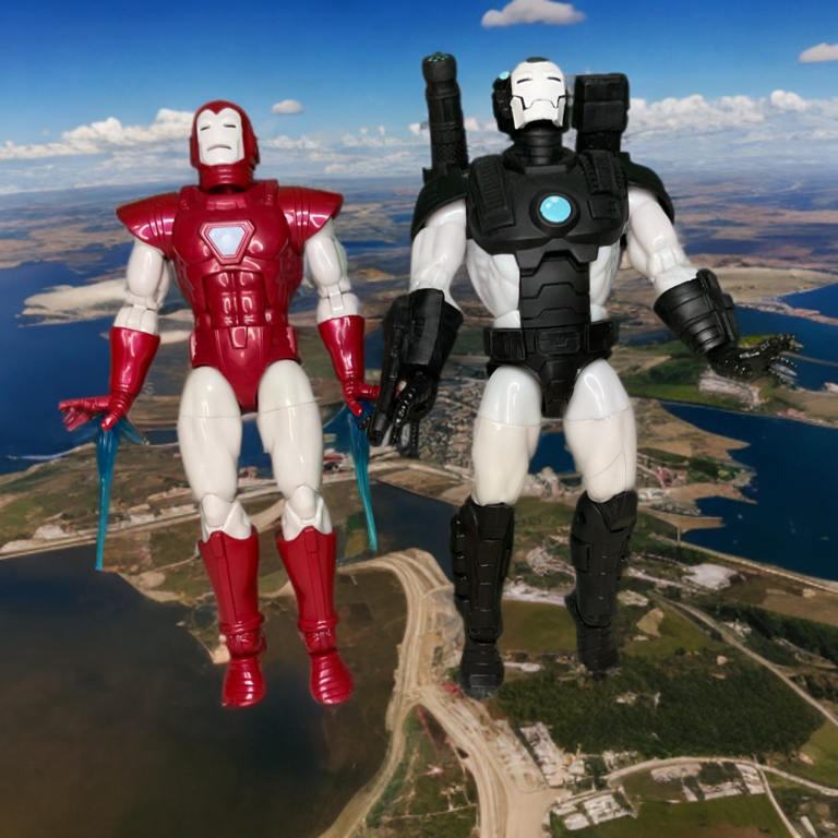 War Machine and Iron Man action figures flying upwards together in dynamic aerial pose. Fantasy Action Figures.