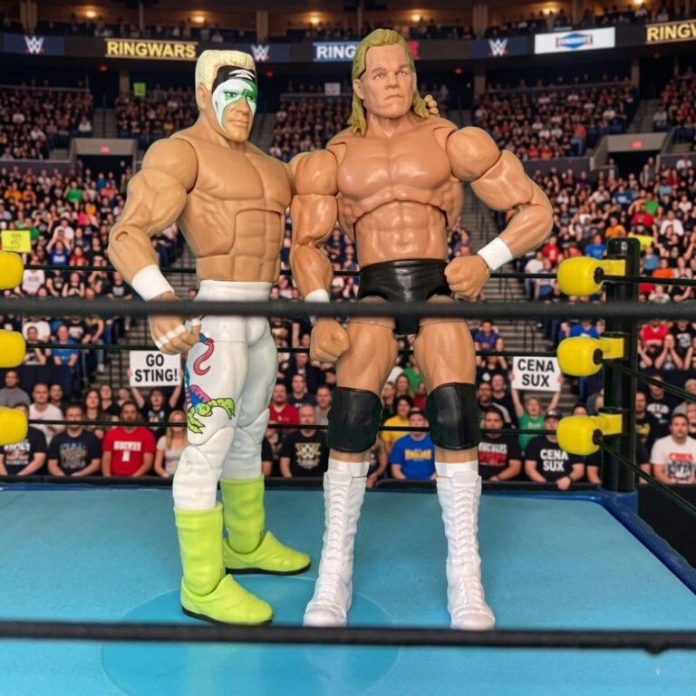 Fantasy Action Figures scene of Lex Luger and Sting as a tag team in the wrestling ring.