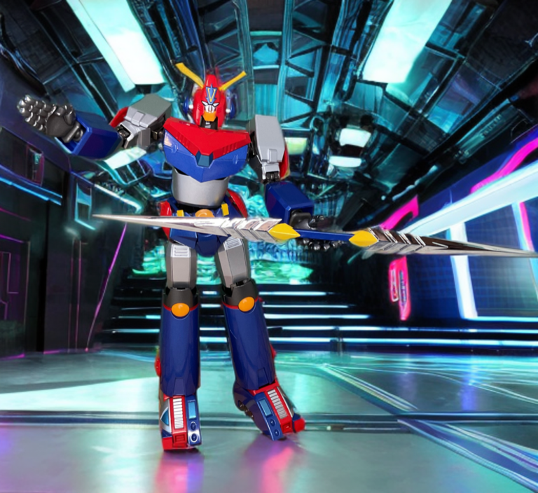 The figure standing fully unified with arms thrust outward, replicating a classic super robot heroic posture.