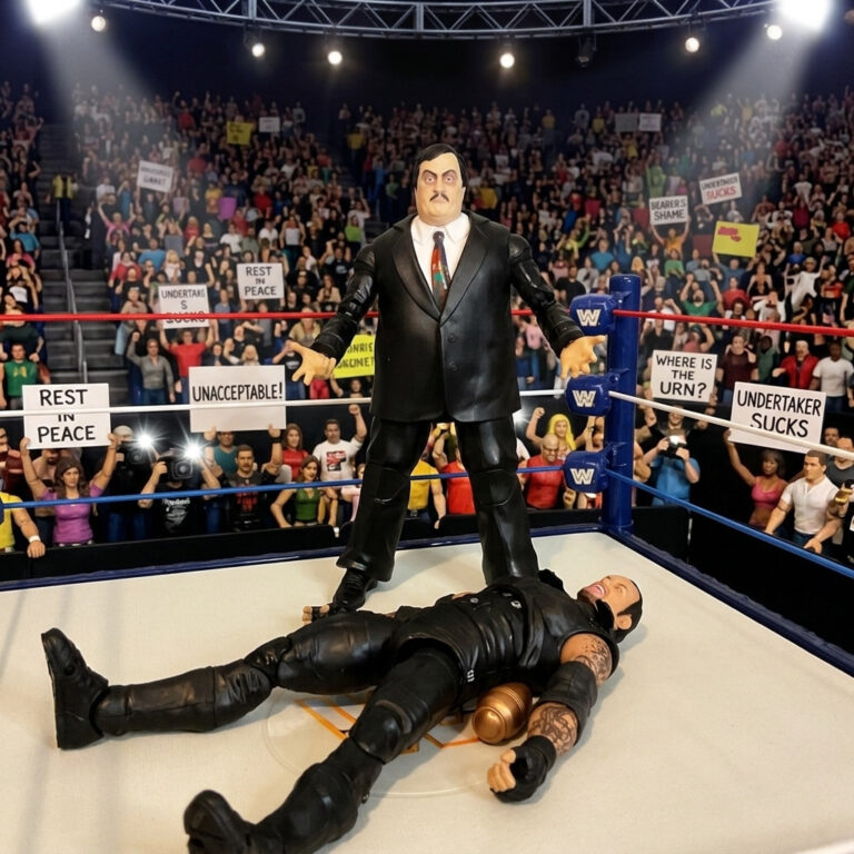 Paul Bearer stands in shock over a cleanly defeated Undertaker.