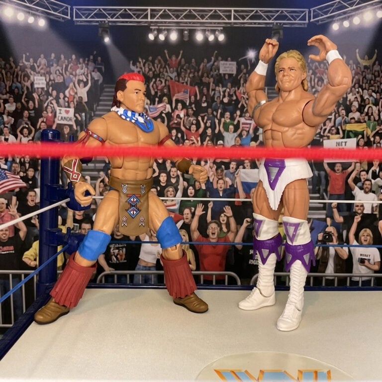 Fantasy Action Figures diorama of Narcissist Lex Luger flexing against Tatanka during his early WWF heel run.