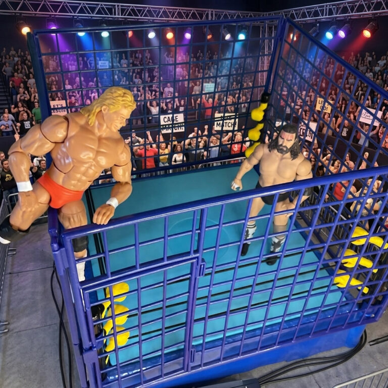 Lex Luger action figure escaping the steel cage after the Brody no-sell incident.