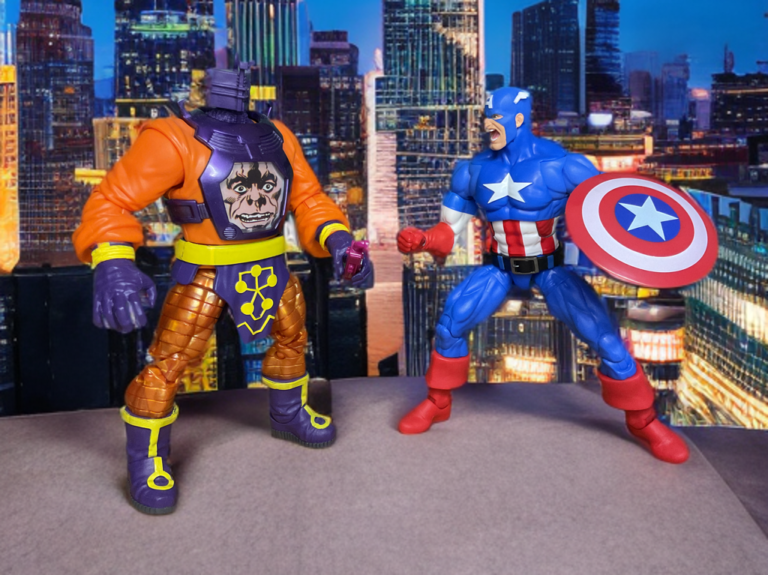 Arnim Zola clashing with Captain America against a city backdrop.