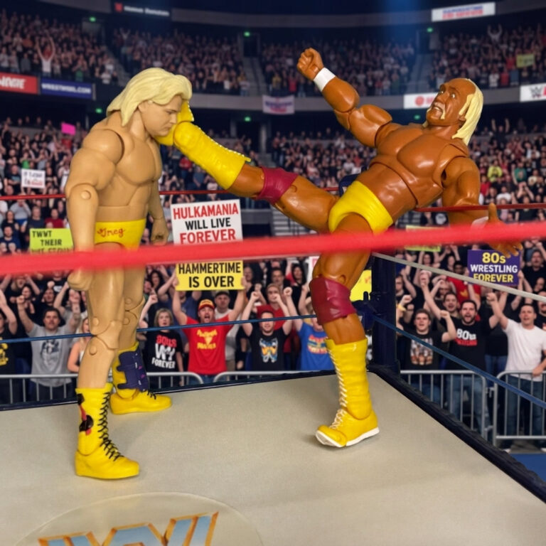 Figura de ação de Hulk Hogan dando um chute forte em Greg Valentine.
