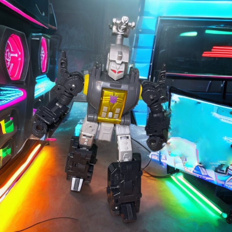 Una figura de acción de Insecticon Bombshell en modo robot, apuntando hacia delante con su cañón montado en la cabeza con ojos rojos brillantes.