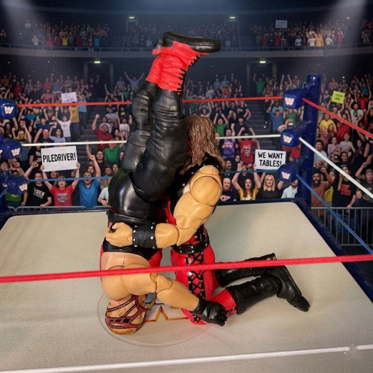 Fantasy Action Figures dramatic scene of Kane delivering a Tombstone piledriver to Big Van Vader in the ring.