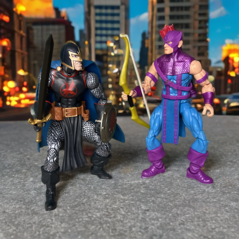 Hawkeye versus Black Knight action figures ready for battle.