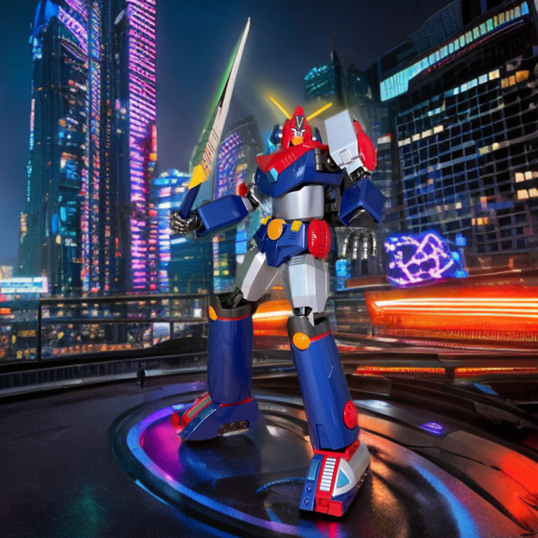 The Combattler V action figure dynamically holding its gleaming chrome sword accessory aloft with both hands in an iconic super robot battle stance.
