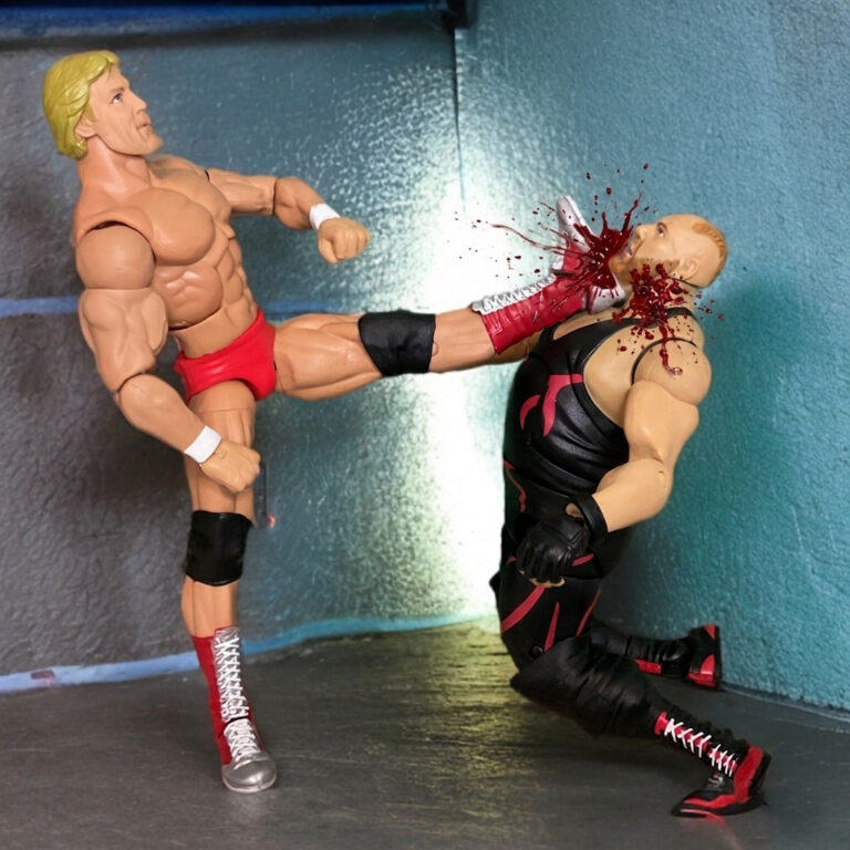 Paul Orndorff action figure wearing flip-flops kicking Big Van Vader in the face.