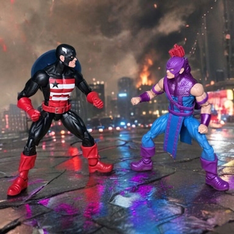 Intense final confrontation between Hawkeye and U.S. Agent action figures.