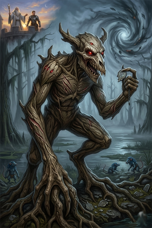 A dark fantasy scene centered on a massive, looming monster known as the Creeping Darkstone rising from a murky swamp. The creature's body is a towering mass of dark, wet stone, dripping moss, and thick mud, with sharp purple crystals embedded across its form. A powerful, glowing purple magical aura emanates from its core, casting an eerie light through the thick swamp fog and twisted, dead trees.