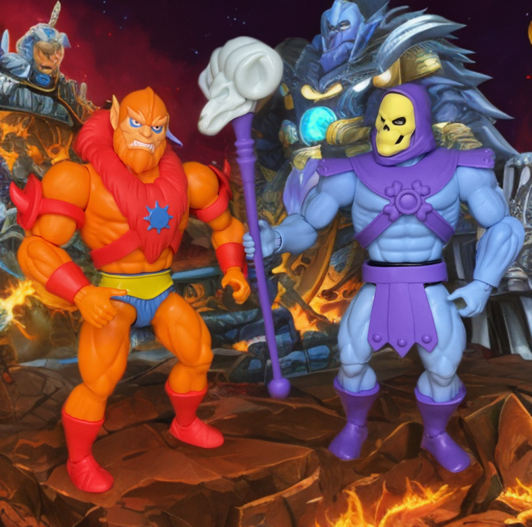 Origins Cartoon Collection Skeletor standing next to Beast Man in a display of the Evil Warriors.