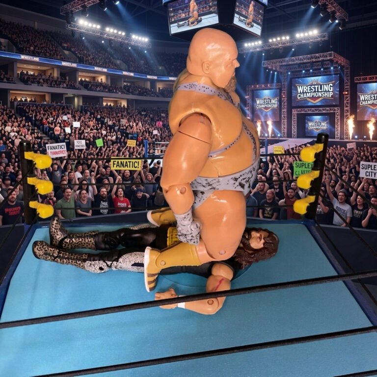 Norman the Lunatic action figure delivering the winning sit-down splash pin on Cactus Jack.