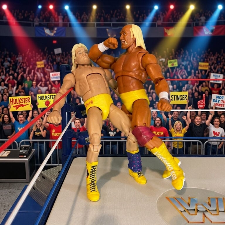 Figura de ação de Hulk Hogan dando uma forte cotovelada em Greg Valentine no canto do ringue, ação intensa do HypoMatch.