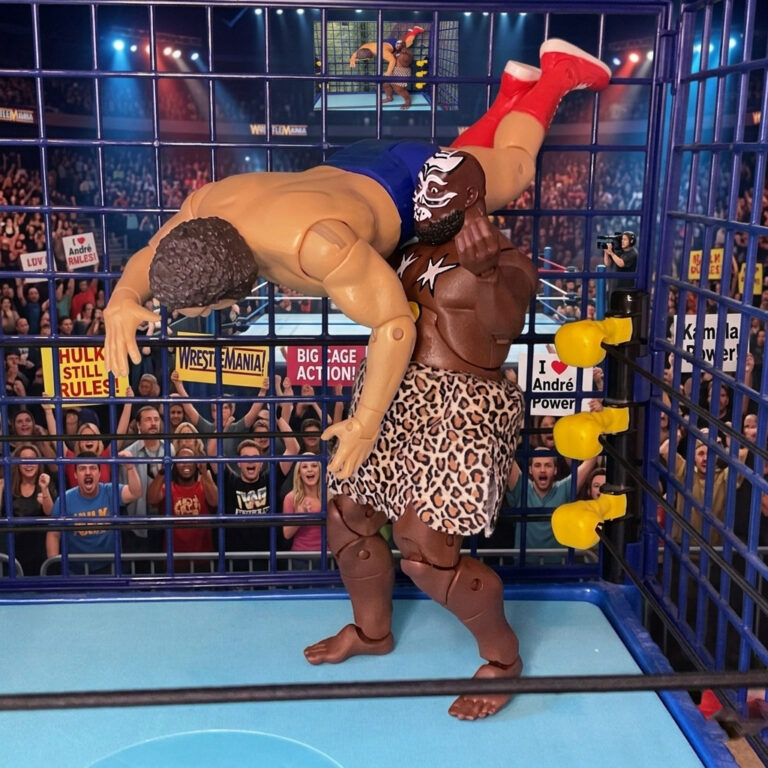 Fantasy Action Figures diorama of Kamala the Ugandan Giant slamming Andre the Giant in a brutal steel cage confrontation.