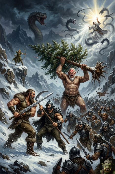 A chaotic fantasy battlefield in the snow where a massive giant lifts a large pine tree over his head to strike. In the foreground, a bearded warrior in fur armor duels a dark-helmeted soldier with a scythe amid a clash of armies.