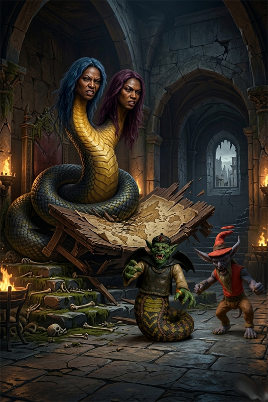 Inside a grand, ruined stone hall, a massive, furious creature Naggana with a green, goblin-like face and a long snake tail body coils tightly around a heavy wooden table, splintering it to pieces. A two-headed naga stands behind him, and smaller goblin-like henchmen cower in the background by torchlight.