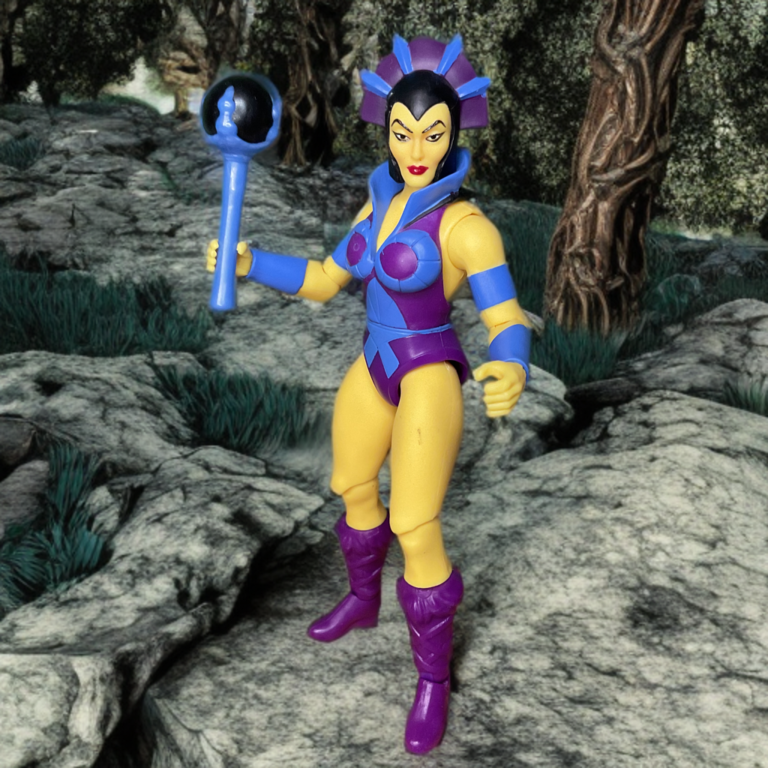 Evil-Lyn lève son bâton pour lancer un sort, figurine MOTU Origins.