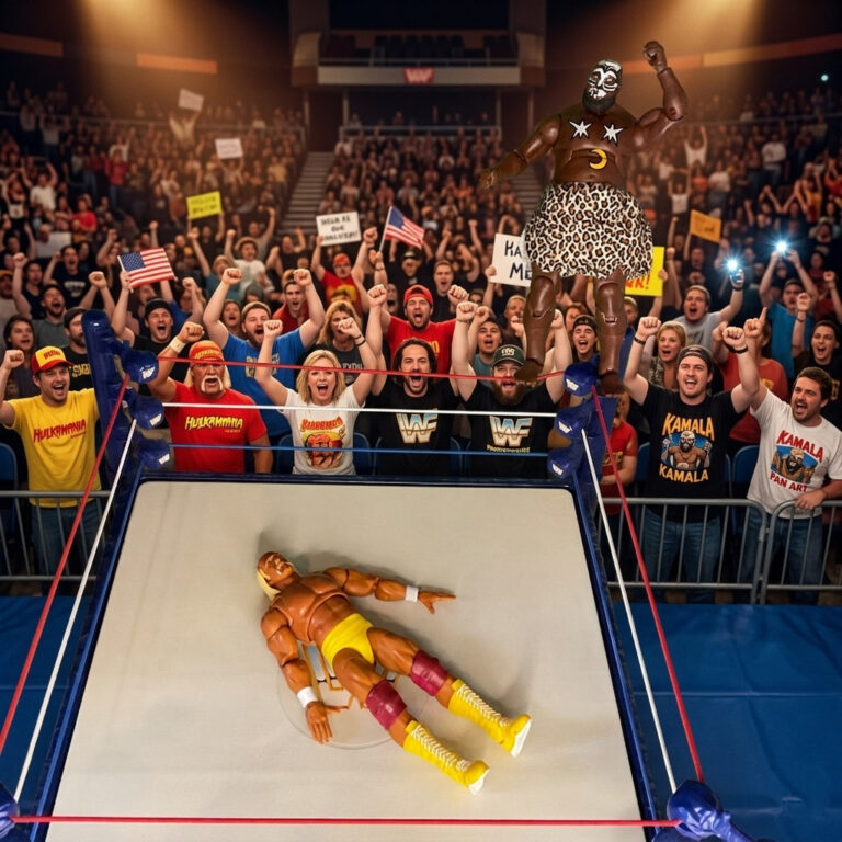 Kamala action figure executing his signature high-flying splash from the top rope.