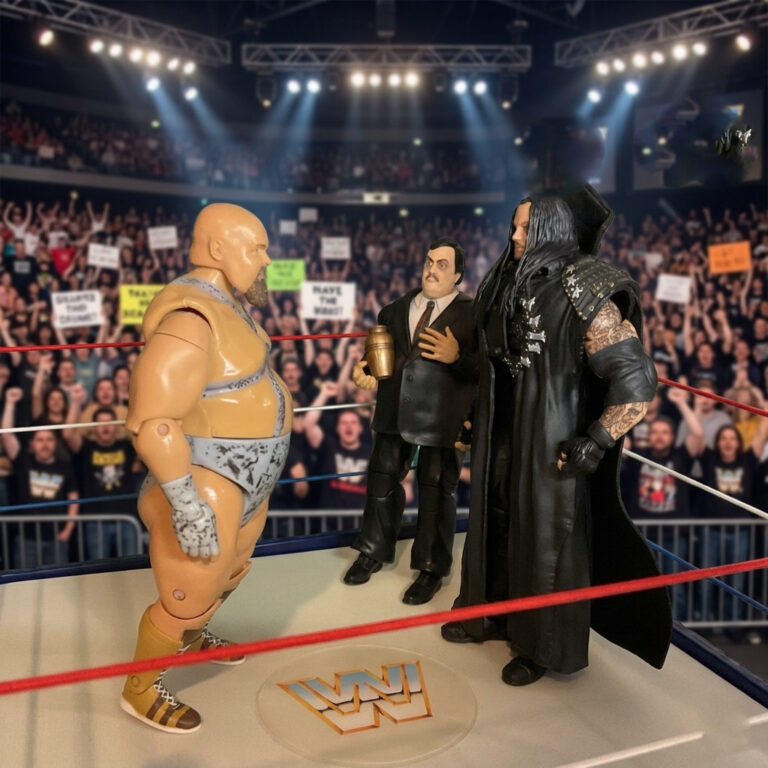 Action figures of The Undertaker and Bastion Booger staring each other down before their legendary match.