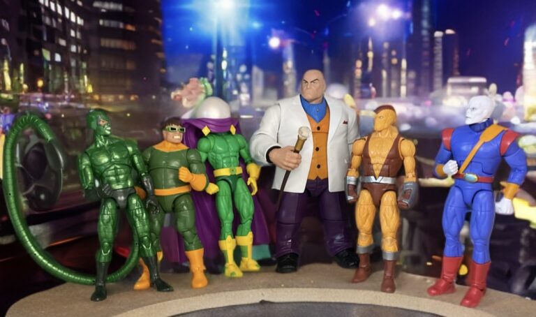 Action figure diorama showing the Kingpin forming the Insidious Six in Spider-Man TAS, addressing Doctor Octopus and other villains.