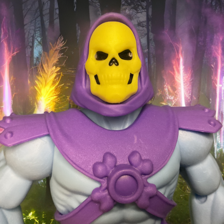 Close-up detail of the purple crossbones chest armor on the Origins Skeletor figure.