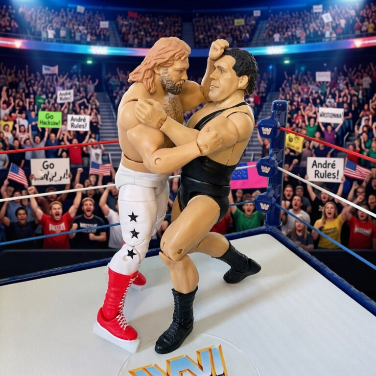 Iconic Big John Studd and Andre the Giant rivalry captured in action figures.