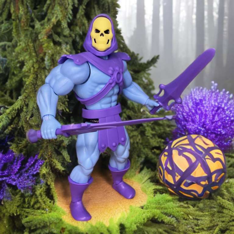 Front view of the blue-skinned Skeletor figure showcasing its retro-inspired color palette.