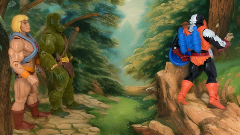 Stinkor rennt besiegt in den Wald, während Moss Man und He-Man nach ihrem Sieg zusehen. Eine klassische “Der Gestank des Bösen!”-Szene.