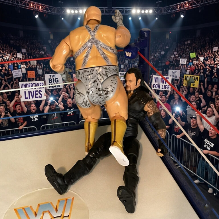 The Undertaker action figure reacting in horror to Bastion Booger’s hygiene.