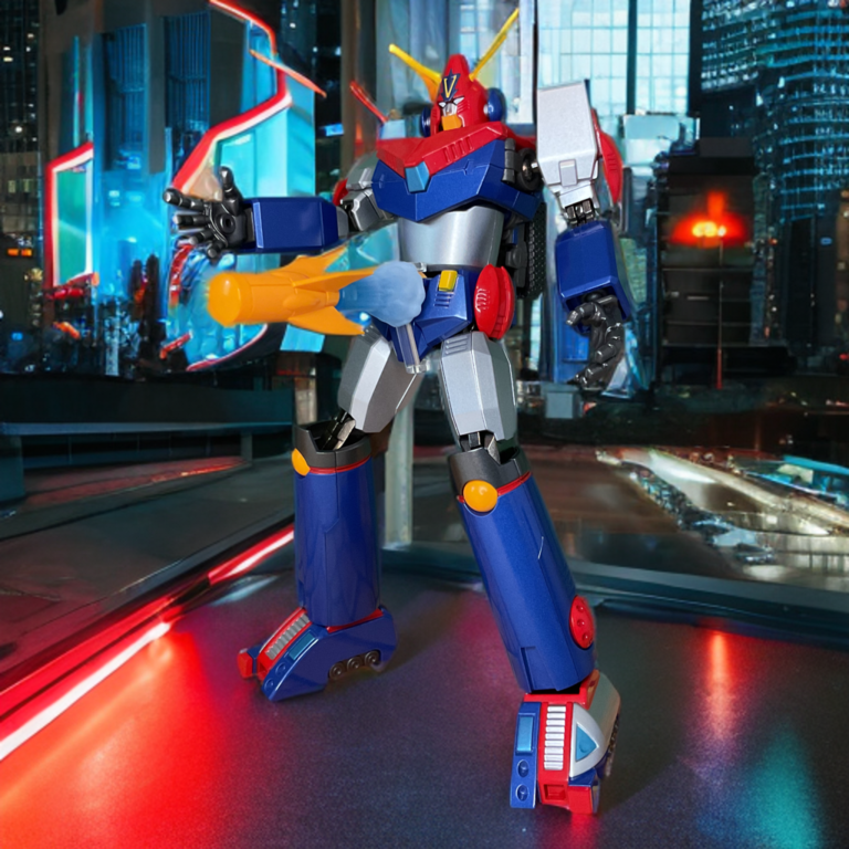 The massive yellow and grey Big Blast missile mounted on its custom smoke-trail effect base in front of the standing robot.