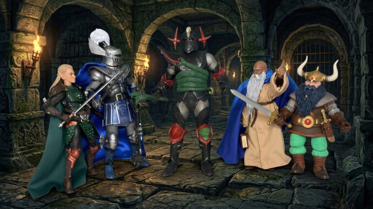 The Grimsword action figure standing in the center of a stone room, defiantly facing down Strongheart, Elkhorn, the Elf, and the Wizard toys.
