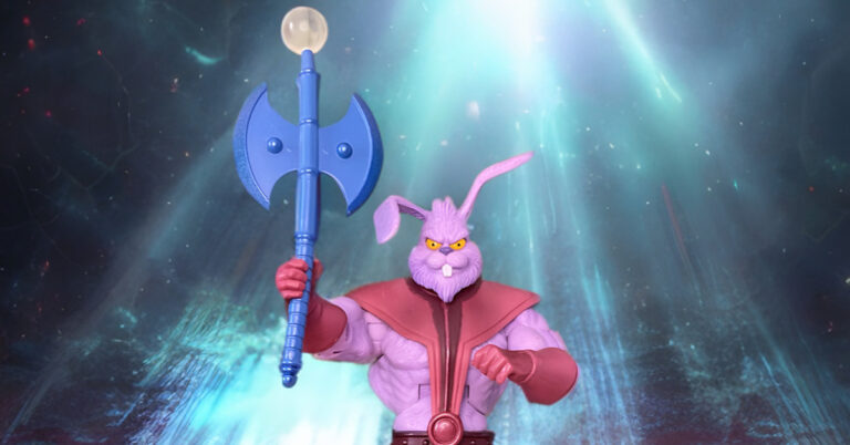 Action figure scene of Plundor the greedy pink rabbit villain winning against He-Man and Skeletor on Eternia. Fantasy Action Figures display of corporate conquest.