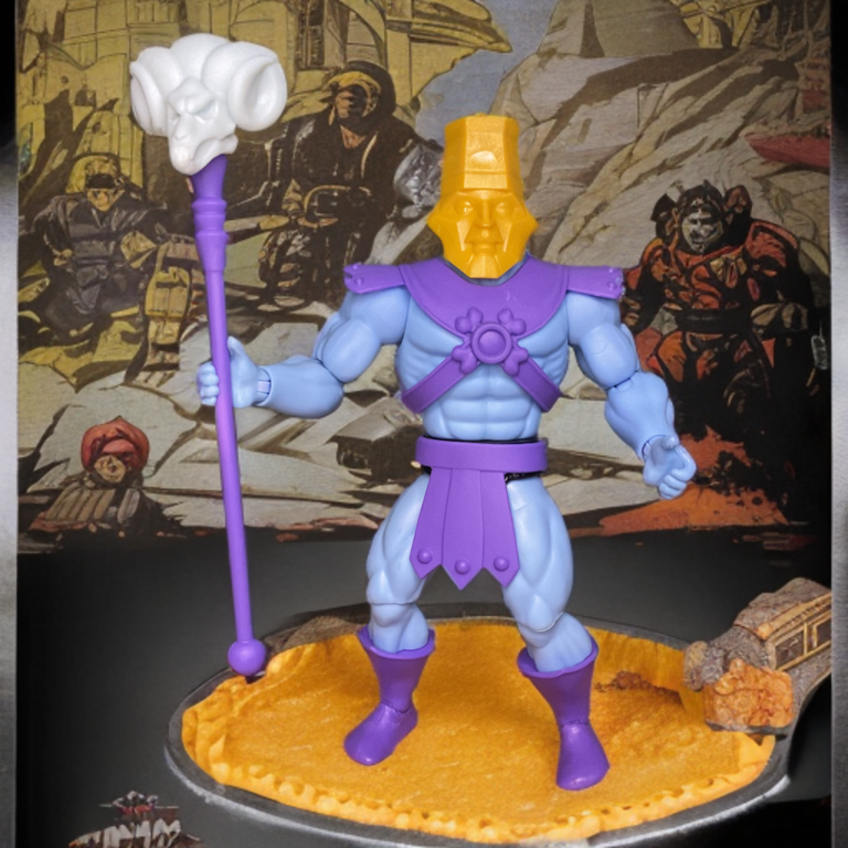 Detailed macro photography of the yellow mask face and purple hood on the Origins Cartoon Collection Skeletor figure.