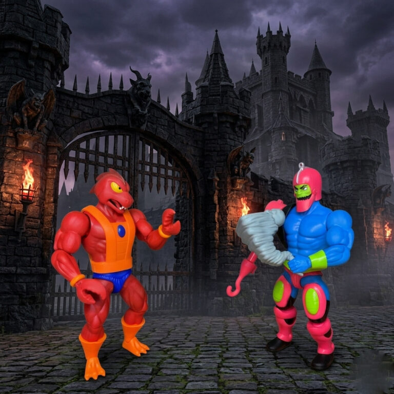 Trap Jaw and Clawful team-up with the Horn of Evil in front of a castle – iconic MOTU scene.