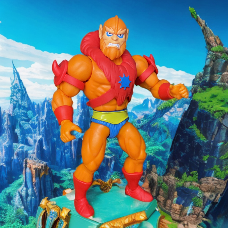 Close-up detail of the red armored harness on the Origins Beast Man figure.