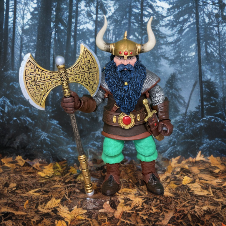 Front photo of the NECA Elkhorn dwarf action figure, highlighting the realistic cloth-like texture of his tunic, leather straps, and braided beard.