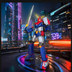 A dramatic, low-angle studio shot of the Soul of Chogokin GX-90 Combattler V action figure standing in a classic super robot heroic pose against a city background.