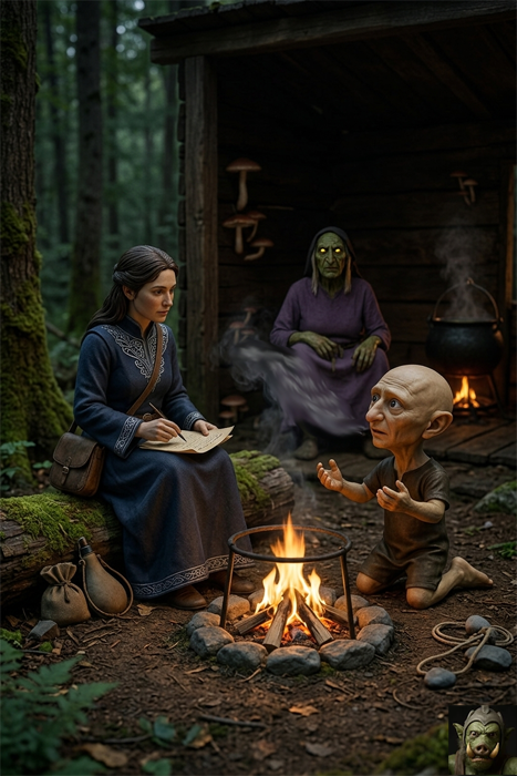 A dark fantasy action figure scene showing a miniature woman in a blue gown writing on parchment by a campfire, while a small, bald creature with large ears and eyes gestures sadly. A green-skinned witch with glowing eyes watches from a wooden shack in the background.