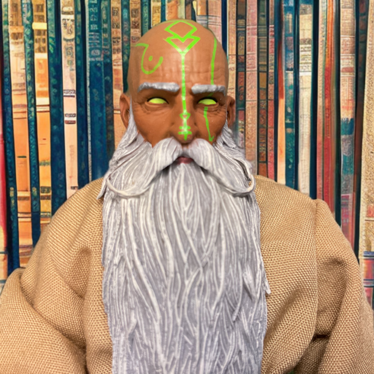 The powered-up alternate head for Samir Scrollwarder with blue energy effects in the eyes.