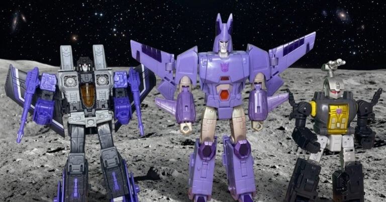 A wide-angle toy photography shot of Transformers G1 Skywarp, Insecticon Bombshell, and Cyclonus action figures standing side-by-side under a dramatic cosmic light.