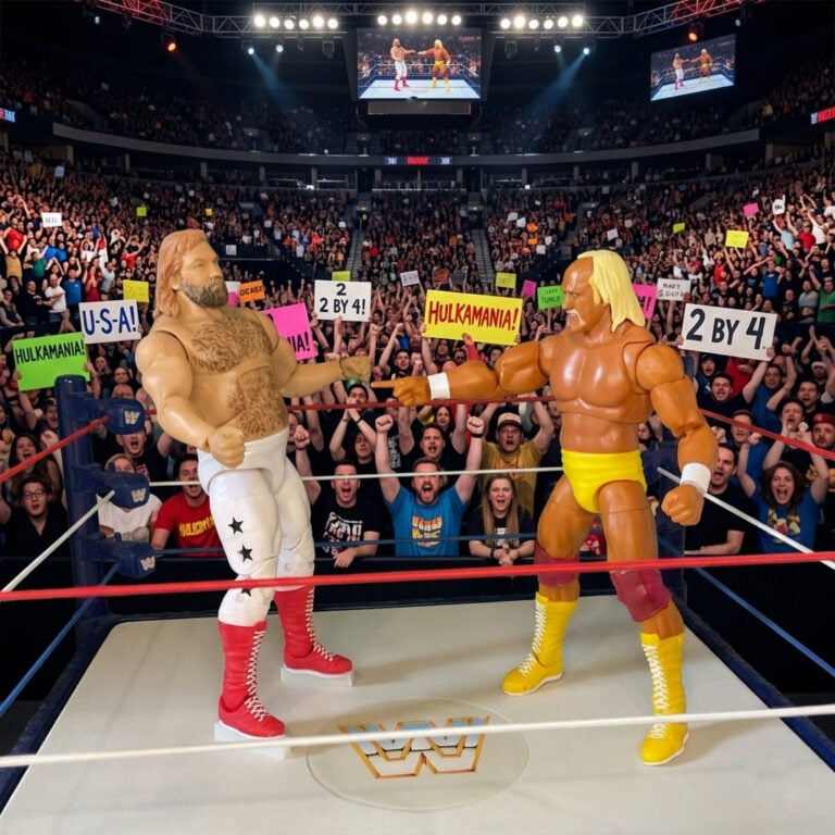 Big John Studd action figure facing Hulk Hogan during championship challenges.