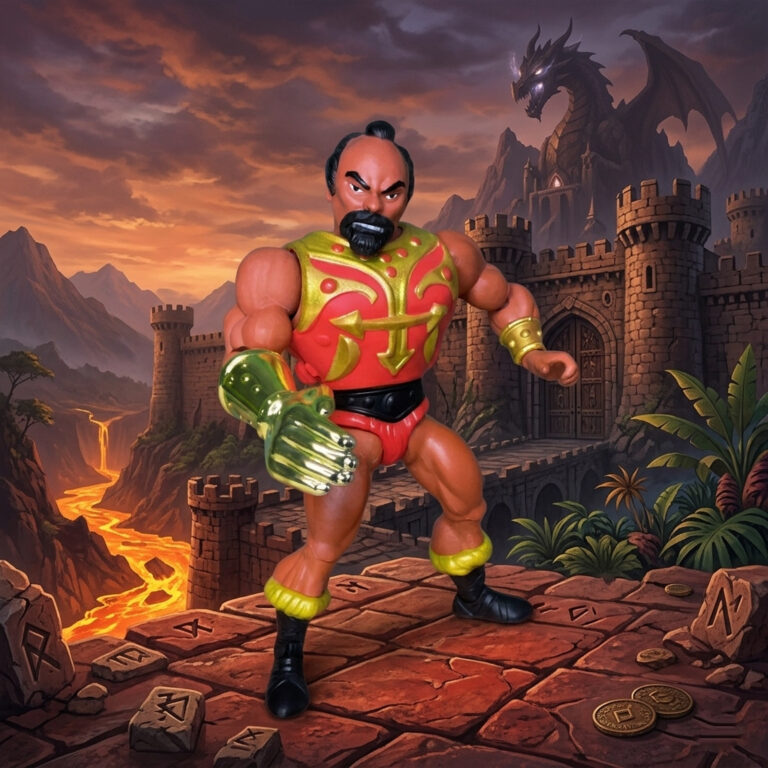 Die MOTU Origins Jitsu Actionfigur zeigt seine detaillierte Skulptur und seine goldene Hackhand.