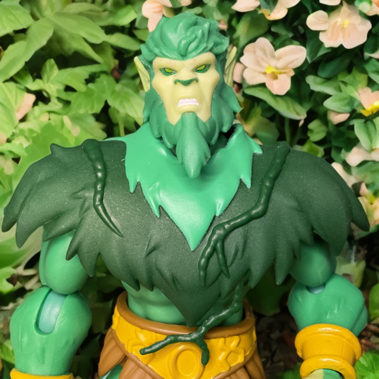 Head sculpt of MOTU Origins Moss Man 200x featuring detailed foliage and bark textures.
