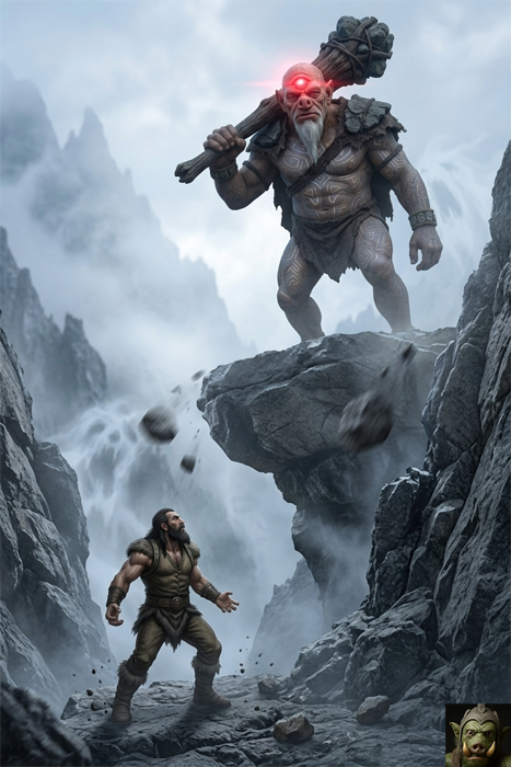 A 14-foot-tall three-eyed giant with a glowing red central eye stands on a rocky cliffside casting down boulders, looking down at a bearded warrior in leather armor who stands defensively in a narrow mountain pass below.