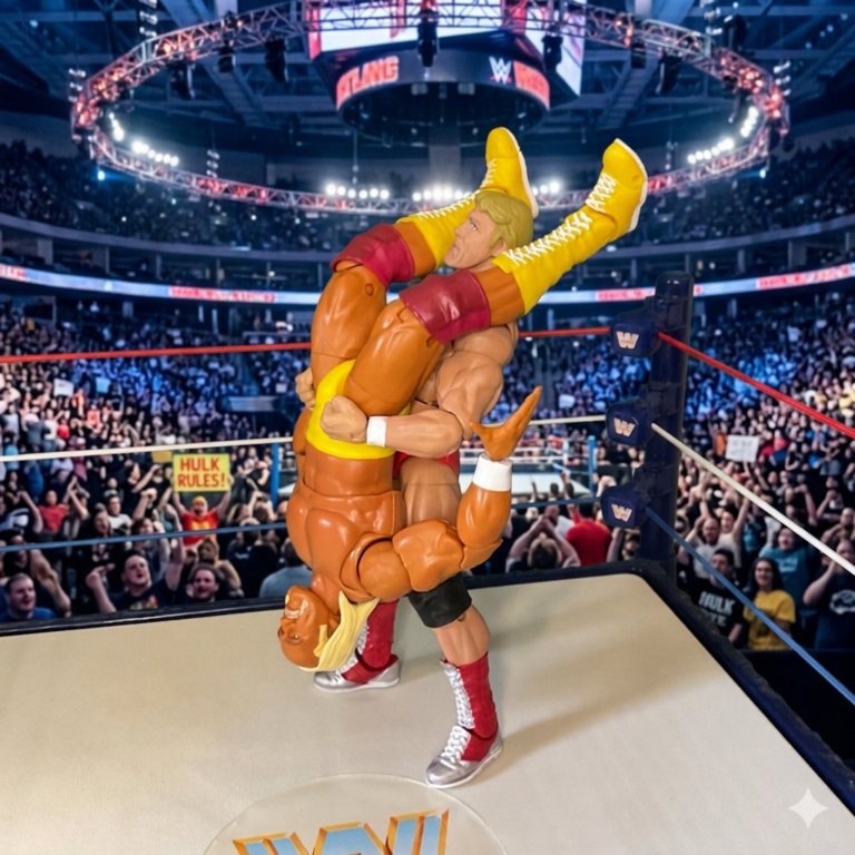 Fantasy Action Figures diorama showing prime Paul Orndorff executing a piledriver on Hulk Hogan during their legendary rivalry.